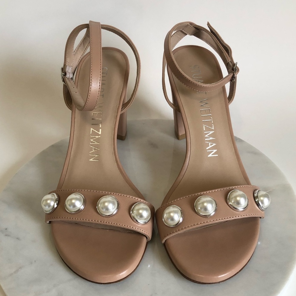 Stuart Weitzman Adobe Nearlybare Portia Pearl-Embellished  Block Heel Sandals